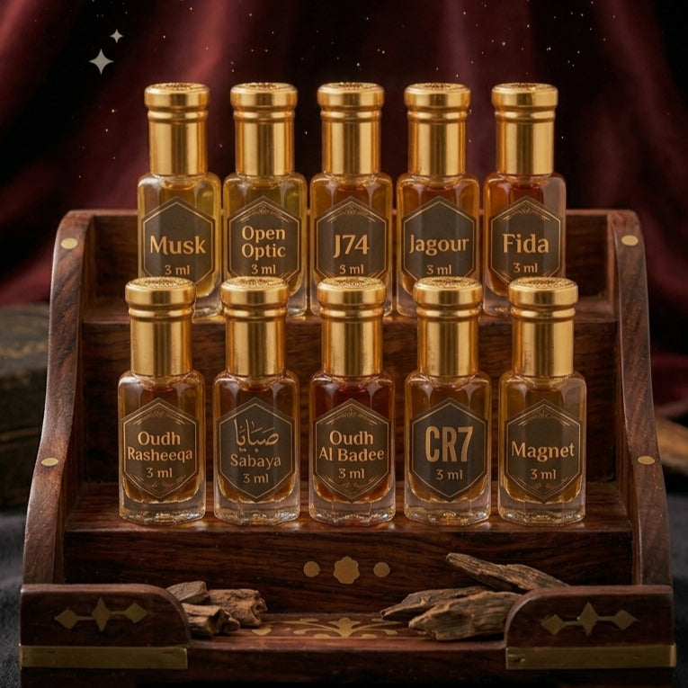 10 Attar Combo (oudh Rasheeqa- oudh Al badee- Sabaya- jaguer- CR7- Musk- open optic- Magnet- J74- Fida)