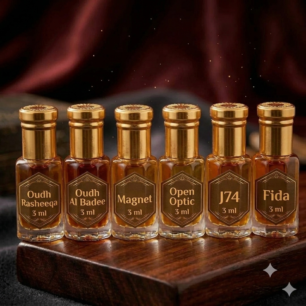 6 Attar Combo (oudh Rasheeqa- oudh Al badee- open optic- Magnet- J74- Fida)